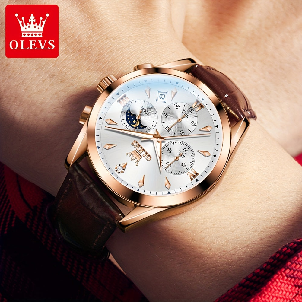 Men's Luxury Luminous Quartz Watch with Date & Day Display, Stainless Steel Case & PU Leather Strap, Rose Golden Accents - Business Casual Wristwatch for Formal & Casual Attire