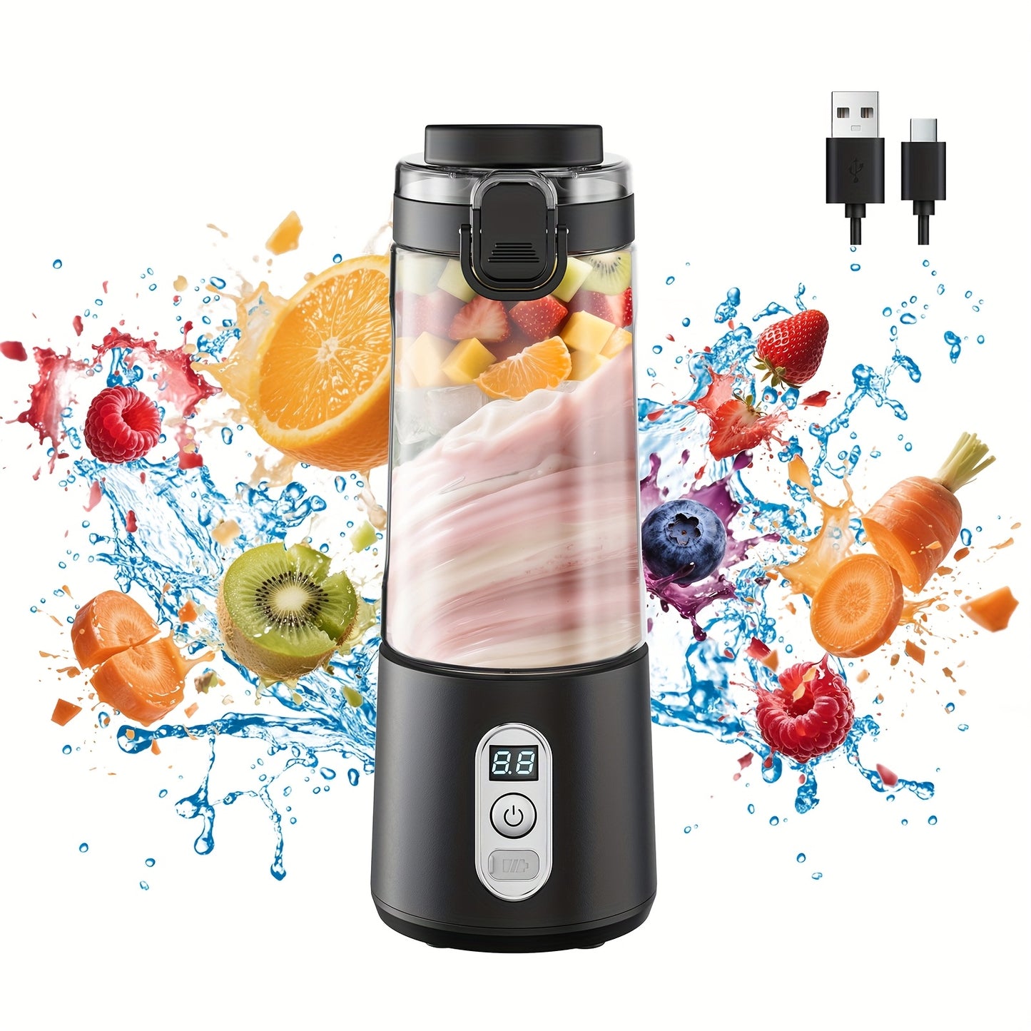 Portable Smart Smoothie Blender – 6-Blade Stainless Steel, Digital Timer & Battery Display | USB-C Fast Charge Personal Juicer