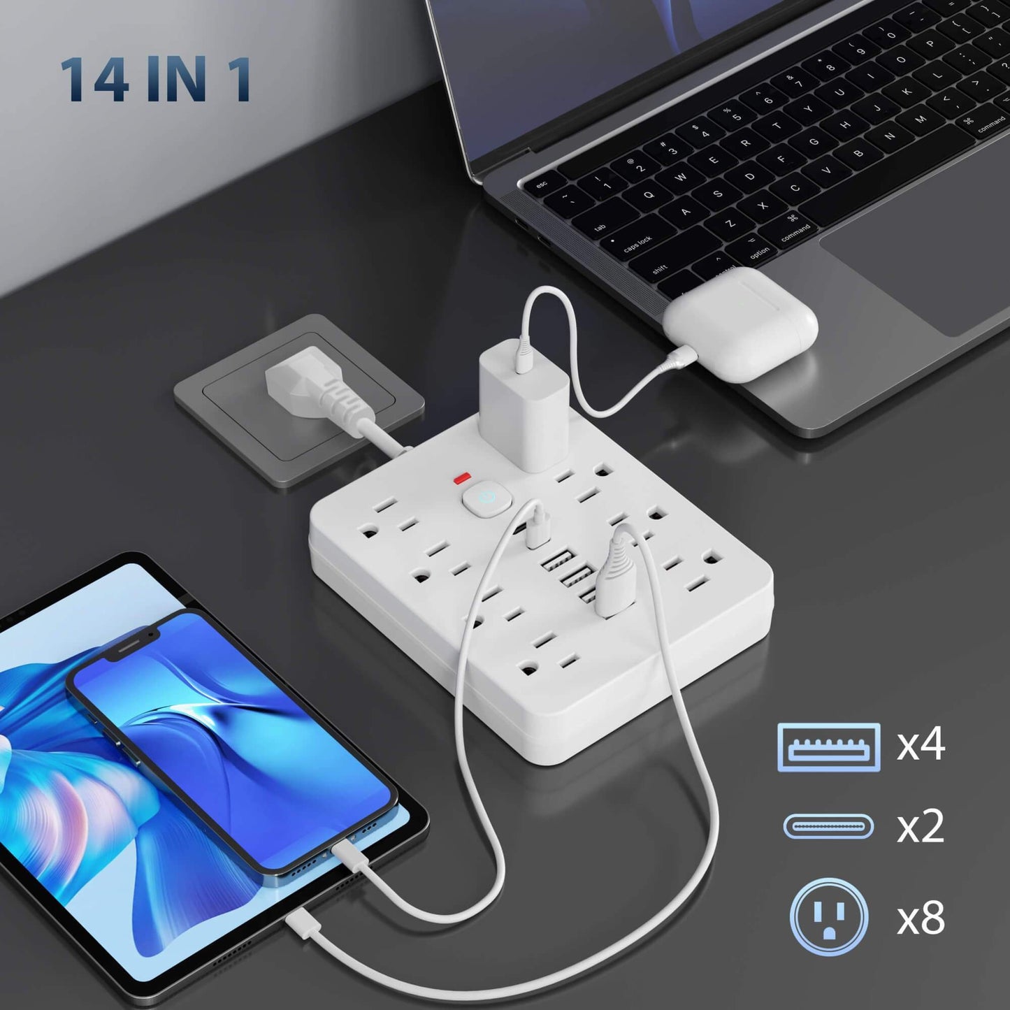 14-in-1 Heavy-Duty Surge Protector Power Strip - 8 AC Outlets + 4 USB-A + 2 USB-C Ports with Smart Switches & Flat Plug