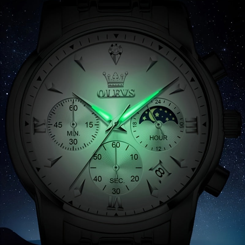 Men’s Luxury Two‑Tone Chronograph Watch – Moon Phase, Date, Luminous Hands, Stainless Steel Business Dress Quartz Wristwatch
