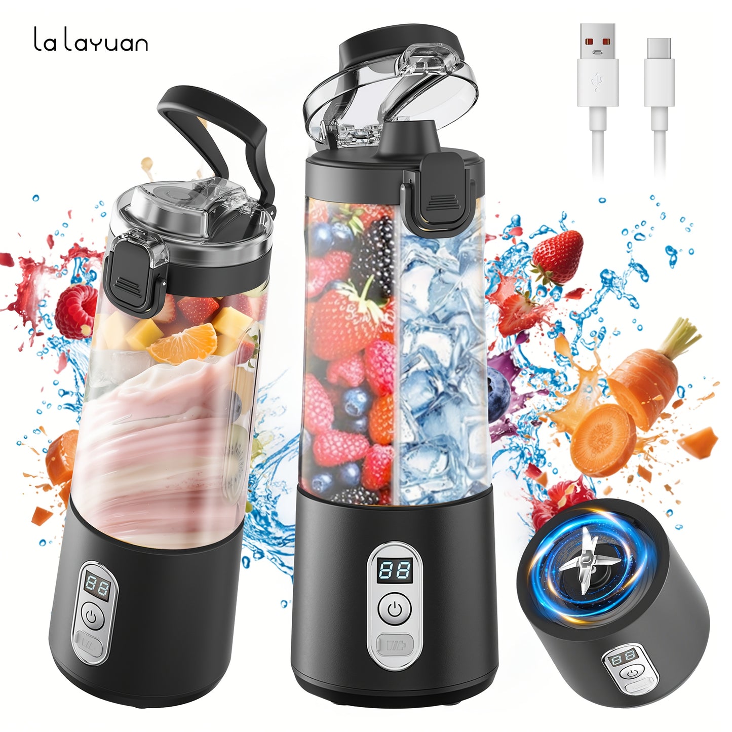 Portable Smart Smoothie Blender – 6-Blade Stainless Steel, Digital Timer & Battery Display | USB-C Fast Charge Personal Juicer