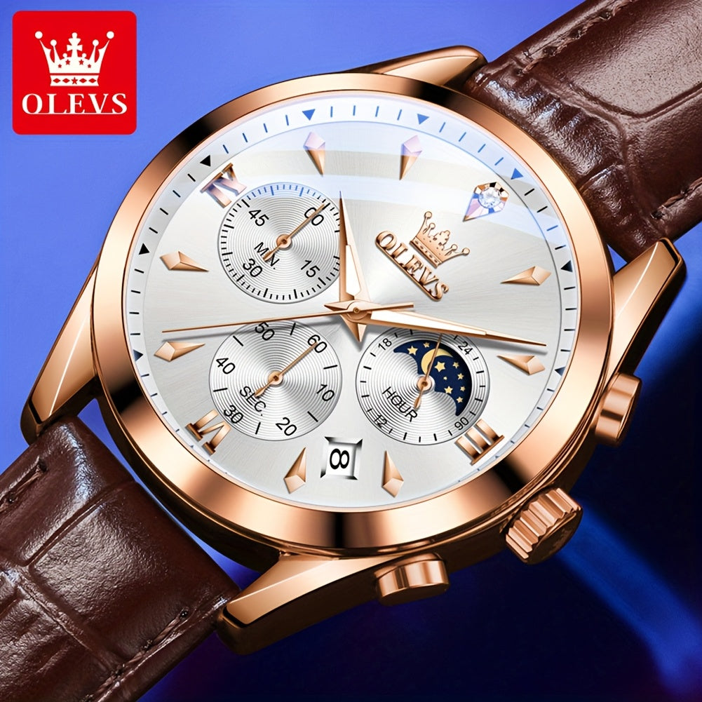 Men's Luxury Luminous Quartz Watch with Date & Day Display, Stainless Steel Case & PU Leather Strap, Rose Golden Accents - Business Casual Wristwatch for Formal & Casual Attire