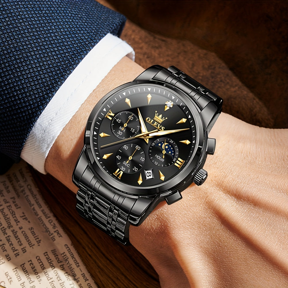 Men’s Luxury Two‑Tone Chronograph Watch – Moon Phase, Date, Luminous Hands, Stainless Steel Business Dress Quartz Wristwatch