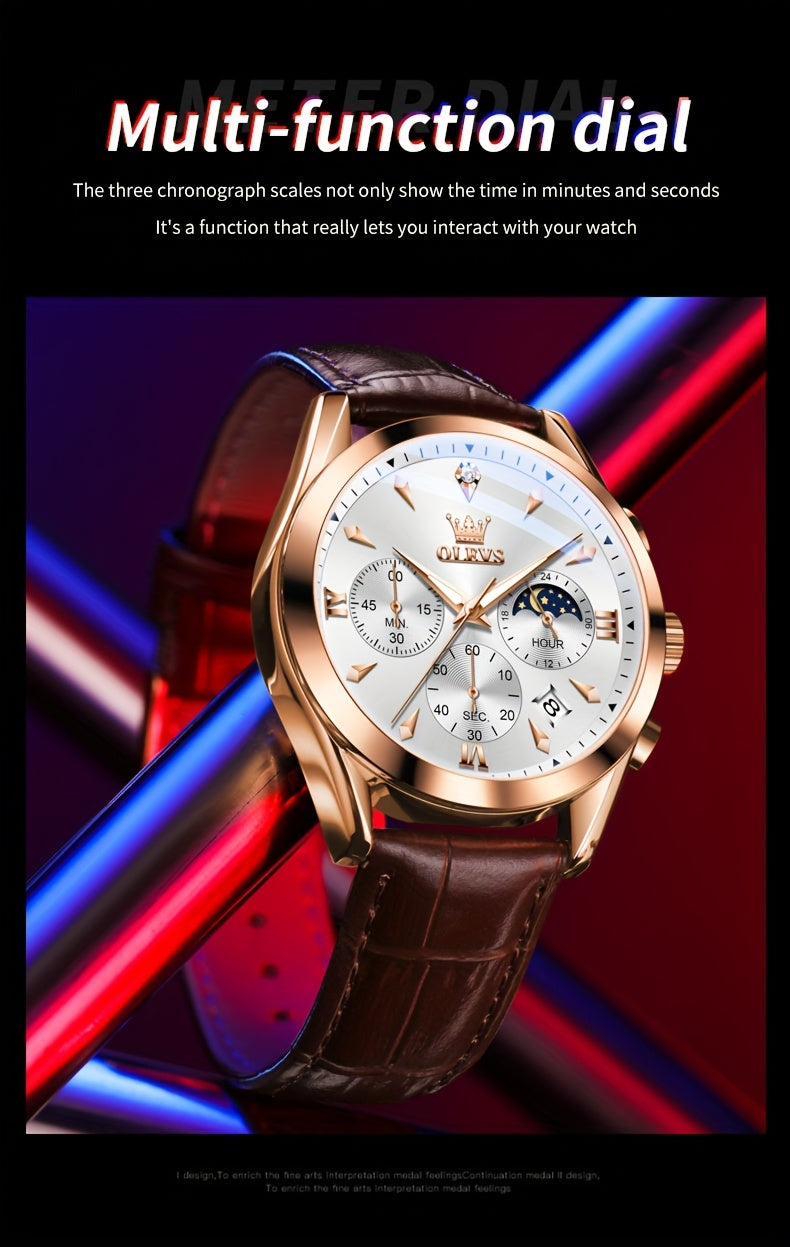 Men's Luxury Luminous Quartz Watch with Date & Day Display, Stainless Steel Case & PU Leather Strap, Rose Golden Accents - Business Casual Wristwatch for Formal & Casual Attire