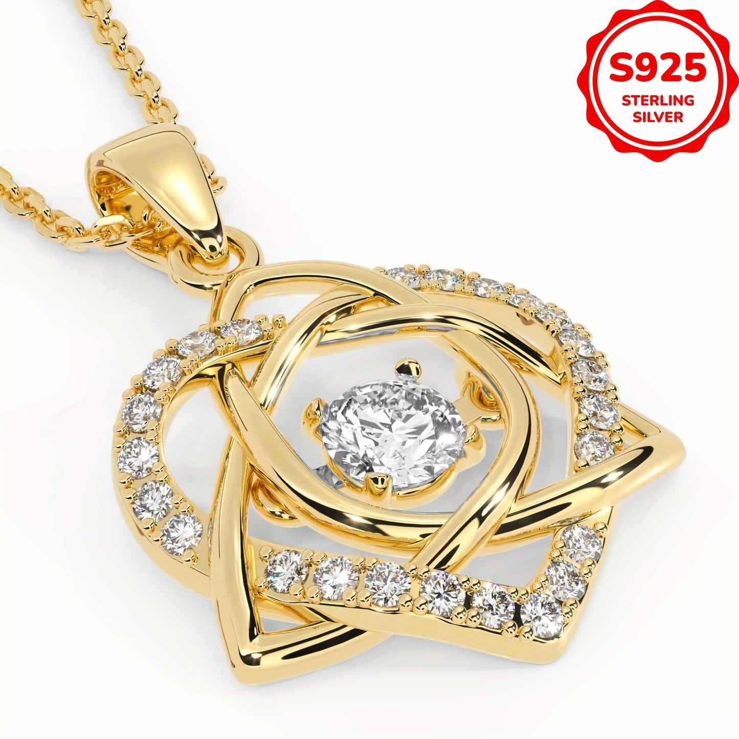 Women's Celtic Knot Heart Pendant Necklace – 925 Sterling Silver & Gold Plated Finish | Elegant Square Synthetic Stone Charm Jewelry Gift
