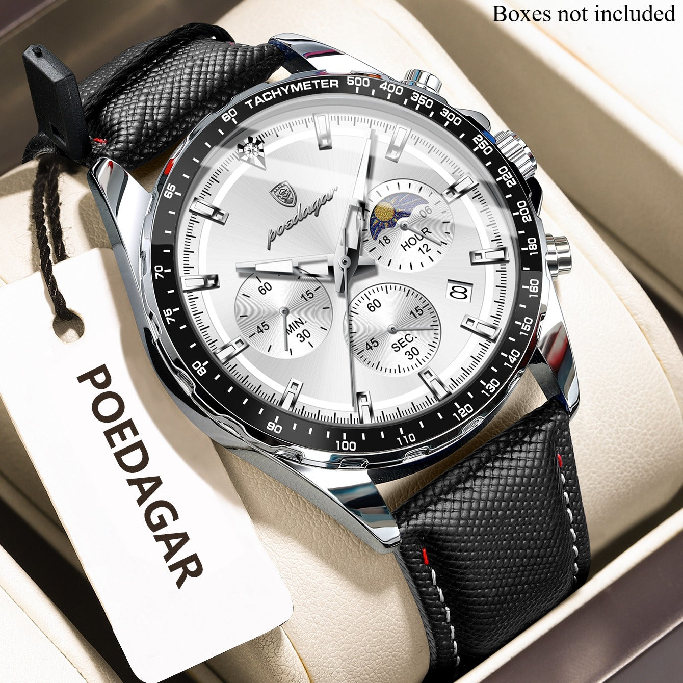 Men's Glow-in-the-Dark Quartz Watch – Luminous Hands &amp; Markers, Chronograph, Date, 3ATM Water Resistant, Leather Strap