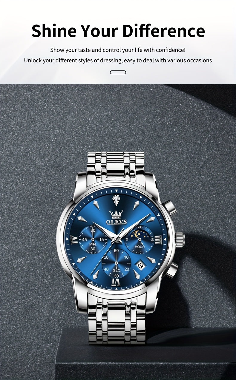 Men’s Luxury Two‑Tone Chronograph Watch – Moon Phase, Date, Luminous Hands, Stainless Steel Business Dress Quartz Wristwatch