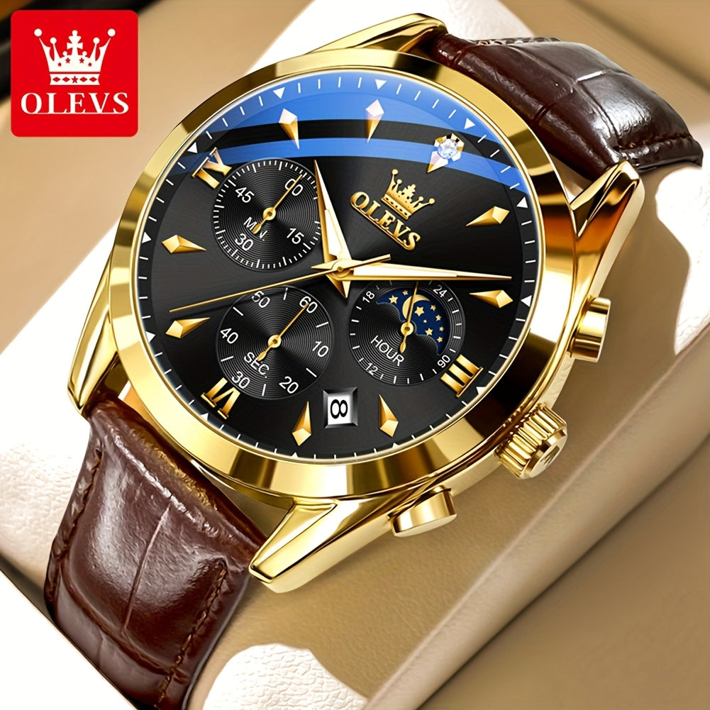 Men's Luxury Luminous Quartz Watch with Date & Day Display, Stainless Steel Case & PU Leather Strap, Rose Golden Accents - Business Casual Wristwatch for Formal & Casual Attire