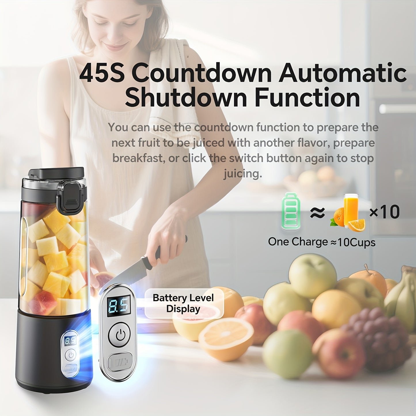 Portable Smart Smoothie Blender – 6-Blade Stainless Steel, Digital Timer & Battery Display | USB-C Fast Charge Personal Juicer