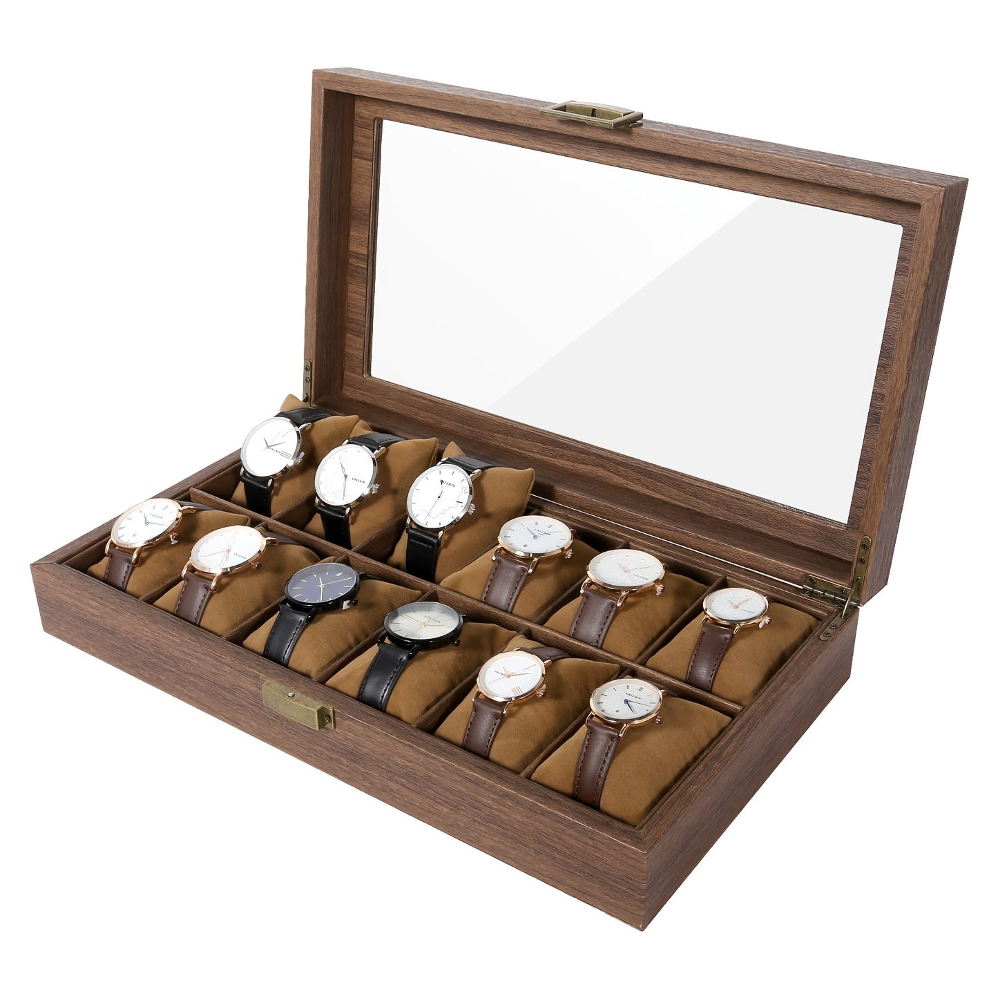 Watch Box 12 Slots, Watch Case Organizer With Real Glass Lid, Wood Grain PU Leather Watch Display Storage Box With Removable Imitation Suede Watch Pillows, Metal Clasp, Decorative Jewelry Boxes