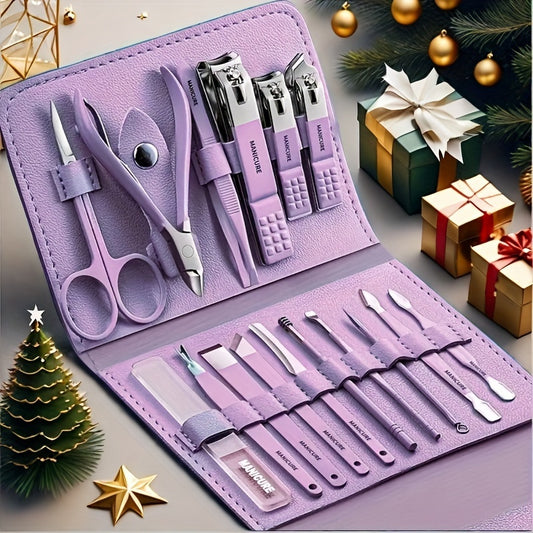 16-Piece Premium Stainless Steel Manicure & Pedicure Kit – Straight Blade Clippers, Nail File, Ear Picks, Scissors | Professional Travel Beauty Set