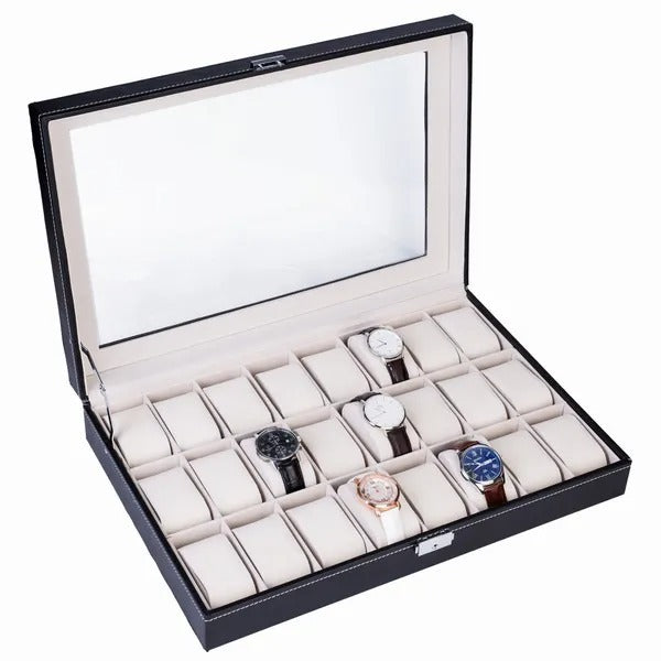 24 Slot Elegant Portable Black Watch  Box. Case Organizer For Storage Display Holds Watches Jewelry For Men Women