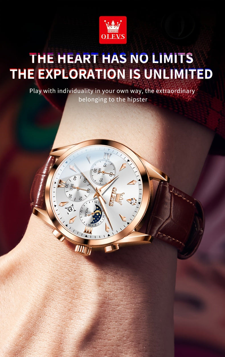 Men's Luxury Luminous Quartz Watch with Date & Day Display, Stainless Steel Case & PU Leather Strap, Rose Golden Accents - Business Casual Wristwatch for Formal & Casual Attire