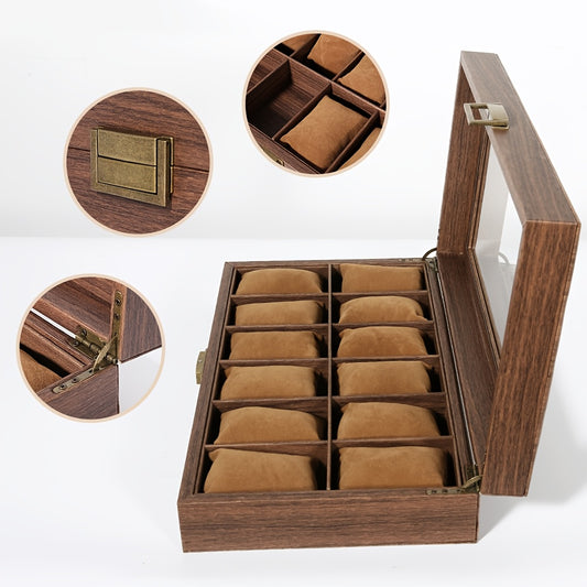 Watch Box 12 Slots, Watch Case Organizer With Real Glass Lid, Wood Grain PU Leather Watch Display Storage Box With Removable Imitation Suede Watch Pillows, Metal Clasp, Decorative Jewelry Boxes