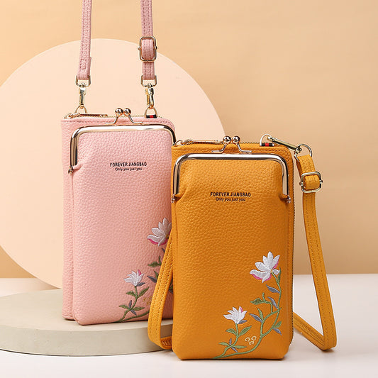 Women's Embroidered Floral Phone Bag & Wallet – PU Leather Crossbody Purse with Secure Lock Buckle | Compact Outdoor Shoulder Holder