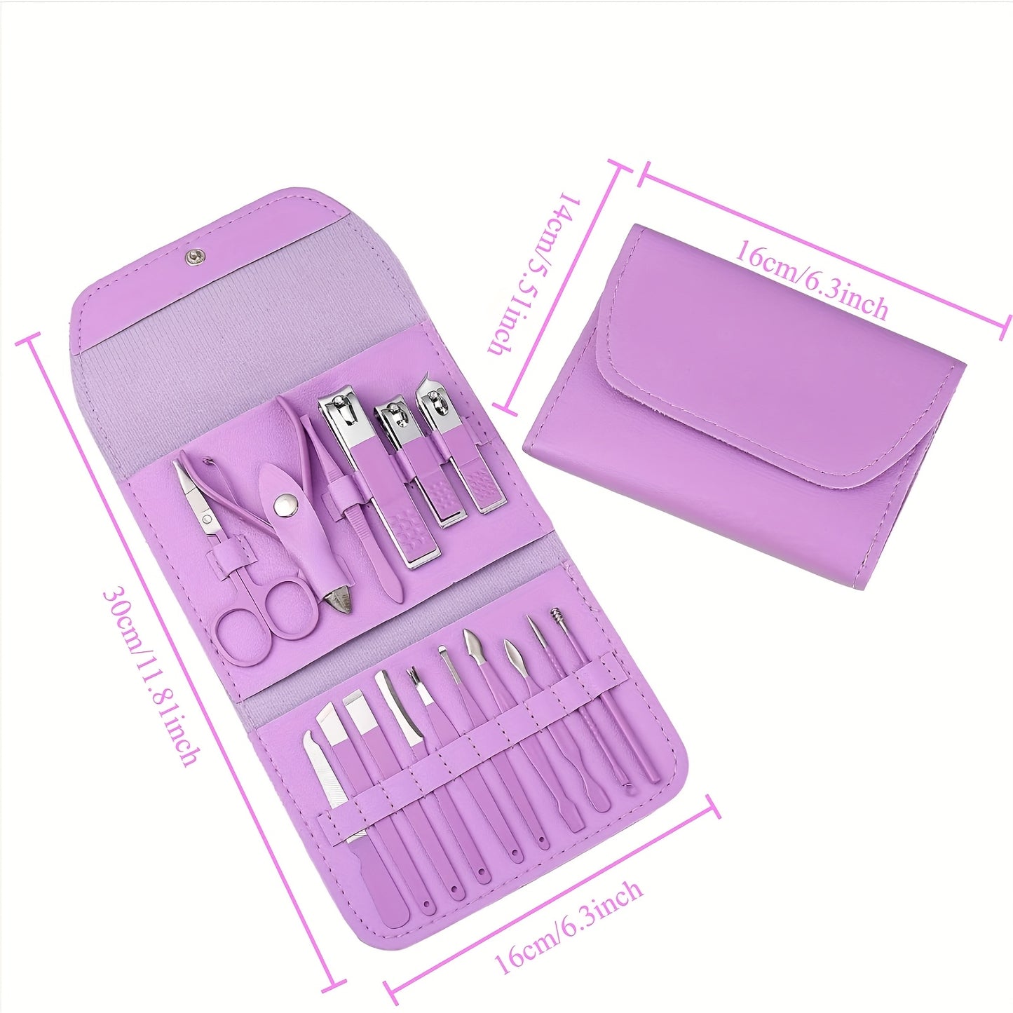 16-Piece Premium Stainless Steel Manicure & Pedicure Kit – Straight Blade Clippers, Nail File, Ear Picks, Scissors | Professional Travel Beauty Set