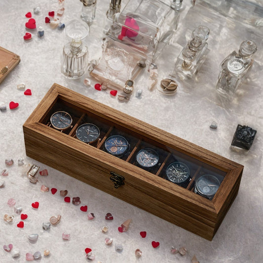Premium Walnut Wood Watch Box & Jewelry Organizer – Glass Top Display Case with Removable Cushions | Rustic Luxury Gift for Him & Her