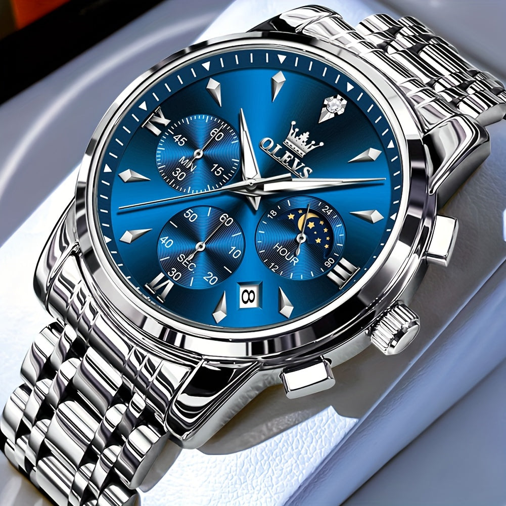 Men’s Luxury Two‑Tone Chronograph Watch – Moon Phase, Date, Luminous Hands, Stainless Steel Business Dress Quartz Wristwatch