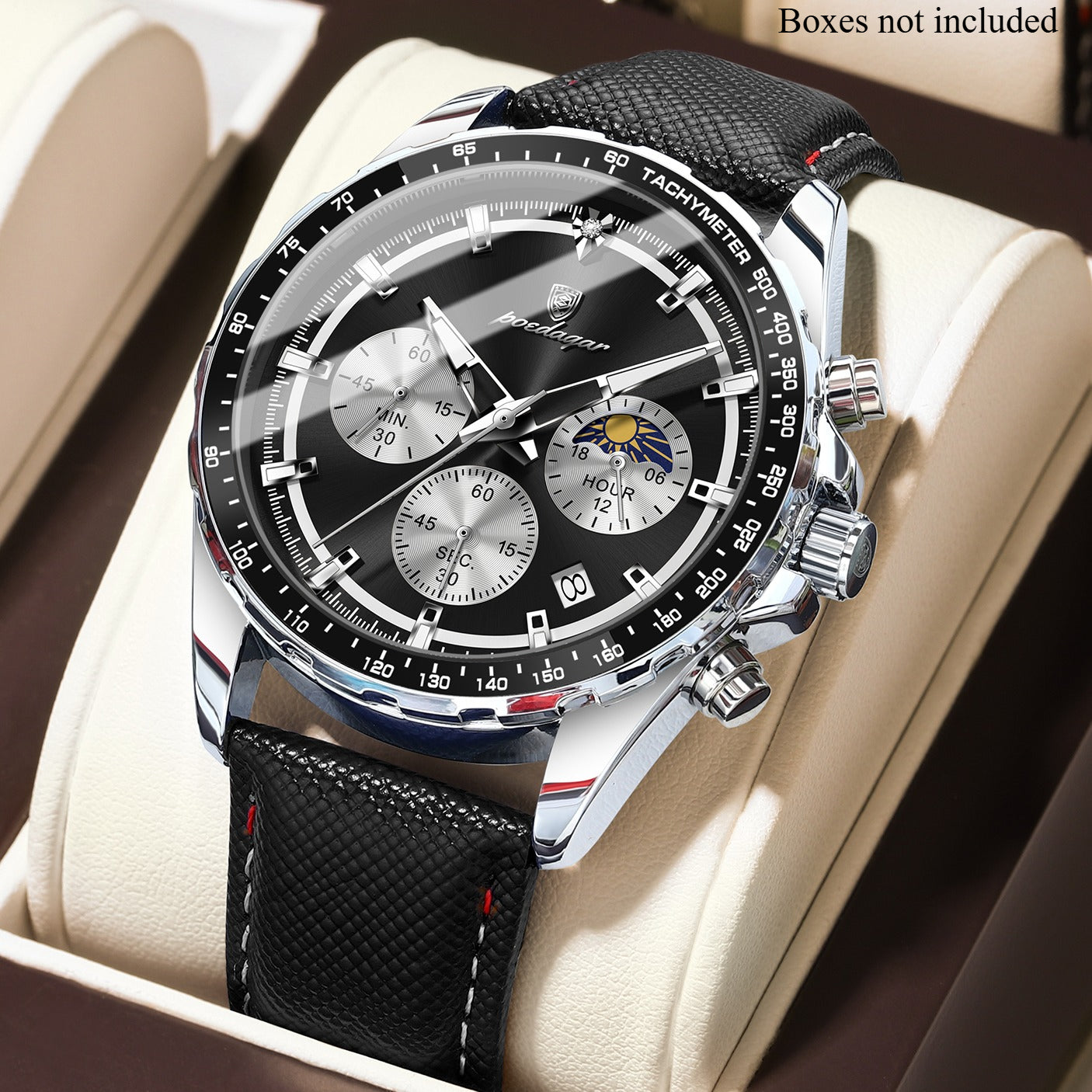 Men's Glow-in-the-Dark Quartz Watch – Luminous Hands &amp; Markers, Chronograph, Date, 3ATM Water Resistant, Leather Strap