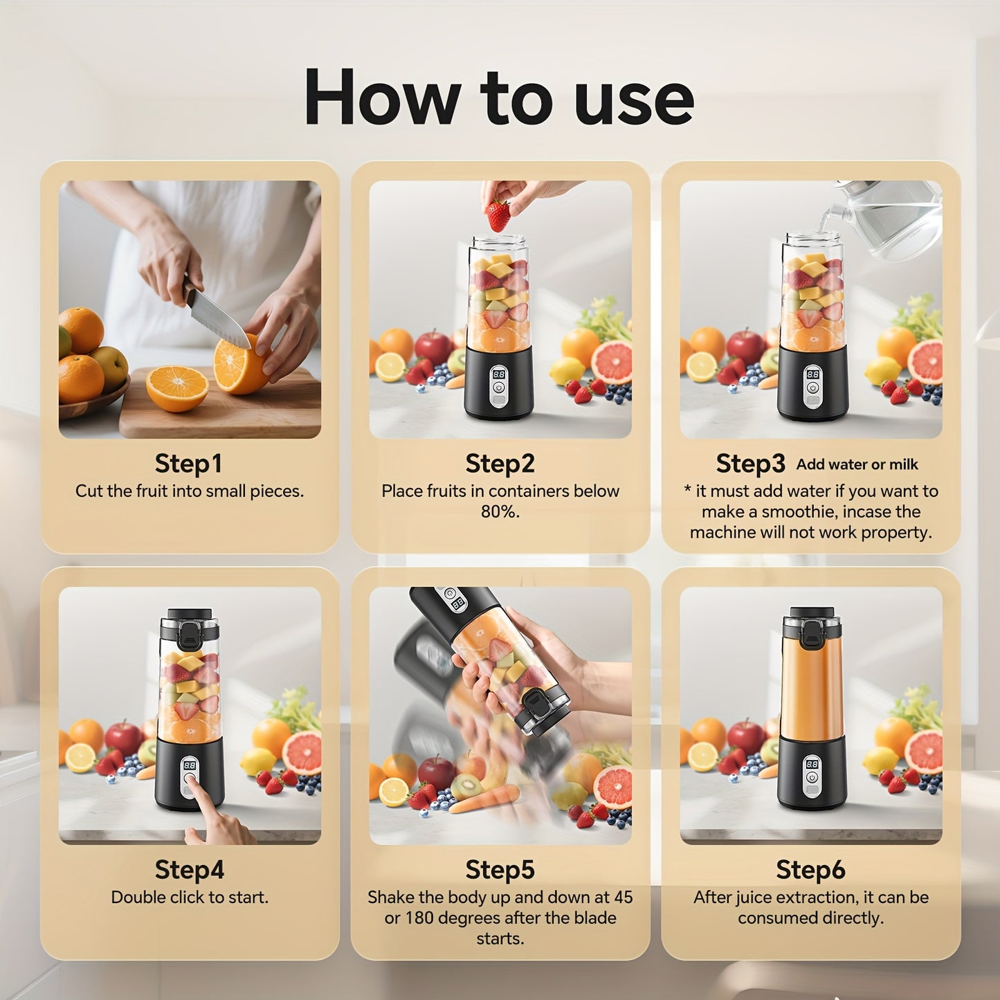 Portable Smart Smoothie Blender – 6-Blade Stainless Steel, Digital Timer & Battery Display | USB-C Fast Charge Personal Juicer