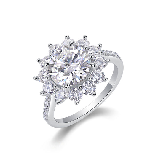 "Sunflower" 3 Carat Moissanite Halo Ring – S925 Sterling Silver with Platinum Plating | Luxury Floral Statement Engagement Jewelry