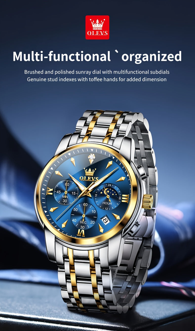 Men’s Luxury Two‑Tone Chronograph Watch – Moon Phase, Date, Luminous Hands, Stainless Steel Business Dress Quartz Wristwatch