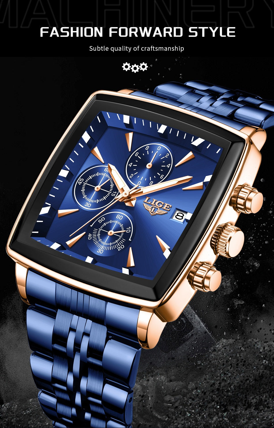 Men's 2025 Fashion Square Watch – Calendar Display, Sports & Casual Style, Stainless Steel | Available in Blue, Black & Gold