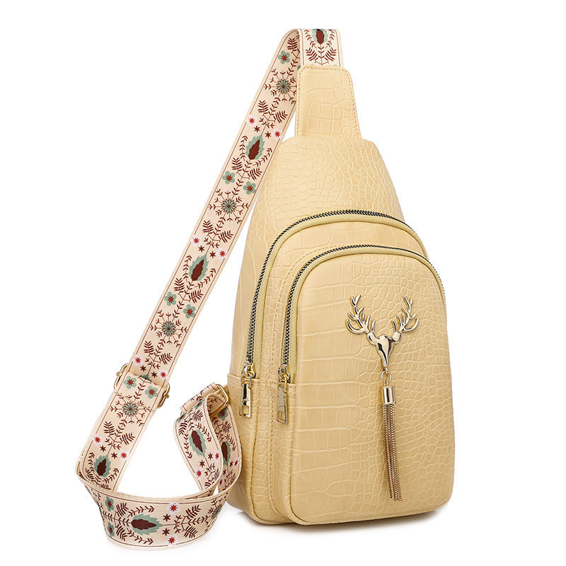 Women's Trendy Sling Chest Bag – Deer Charm & Tassel Zipper | Wide Strap Crossbody with Fashion Letter Embroidery