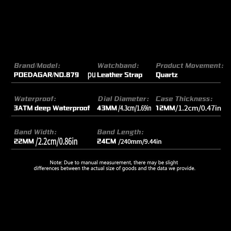 Men's Glow-in-the-Dark Quartz Watch – Luminous Hands &amp; Markers, Chronograph, Date, 3ATM Water Resistant, Leather Strap