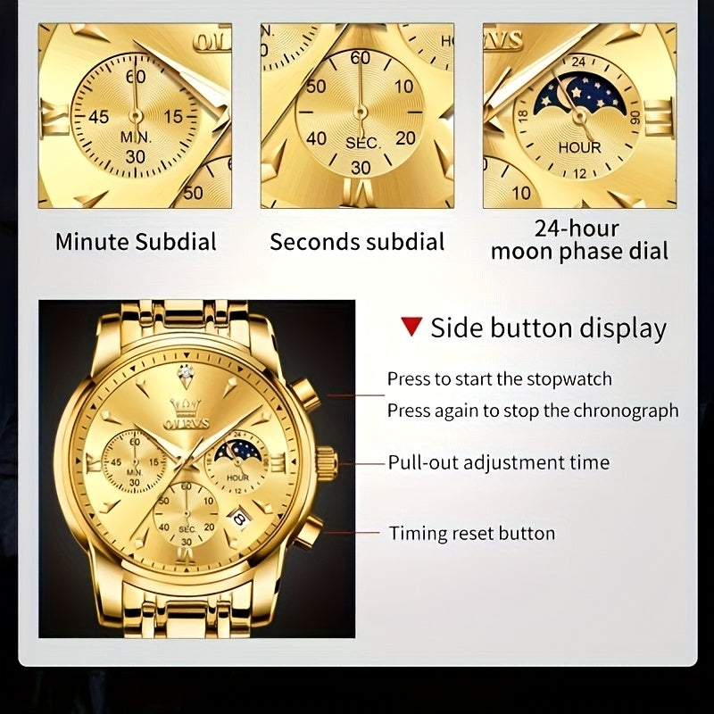 Men’s Luxury Two‑Tone Chronograph Watch – Moon Phase, Date, Luminous Hands, Stainless Steel Business Dress Quartz Wristwatch