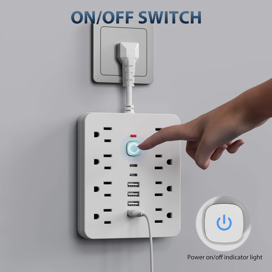 14-in-1 Heavy-Duty Surge Protector Power Strip - 8 AC Outlets + 4 USB-A + 2 USB-C Ports with Smart Switches & Flat Plug