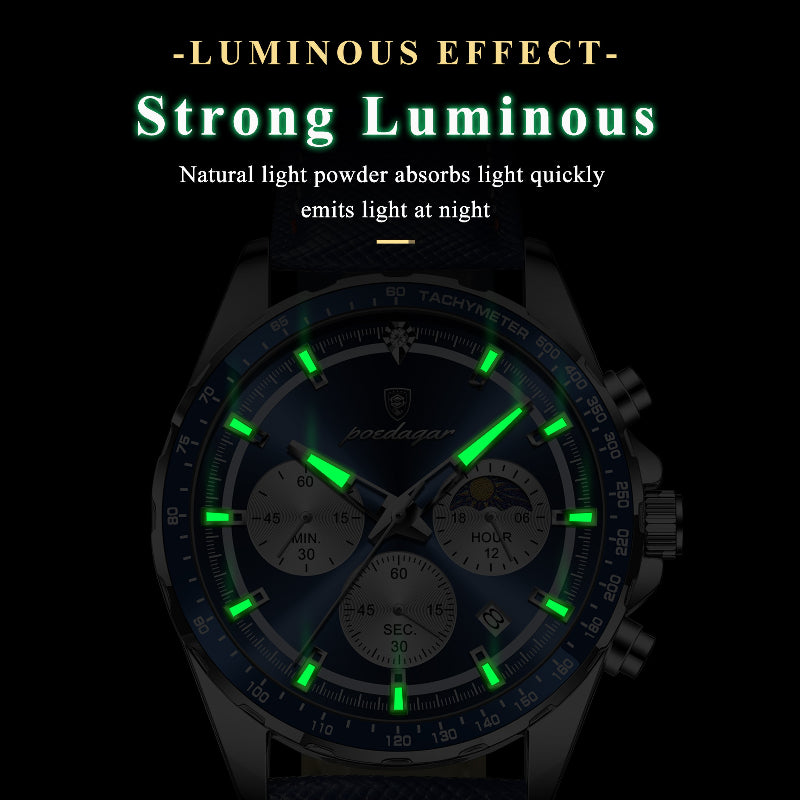 Men's Glow-in-the-Dark Quartz Watch – Luminous Hands &amp; Markers, Chronograph, Date, 3ATM Water Resistant, Leather Strap