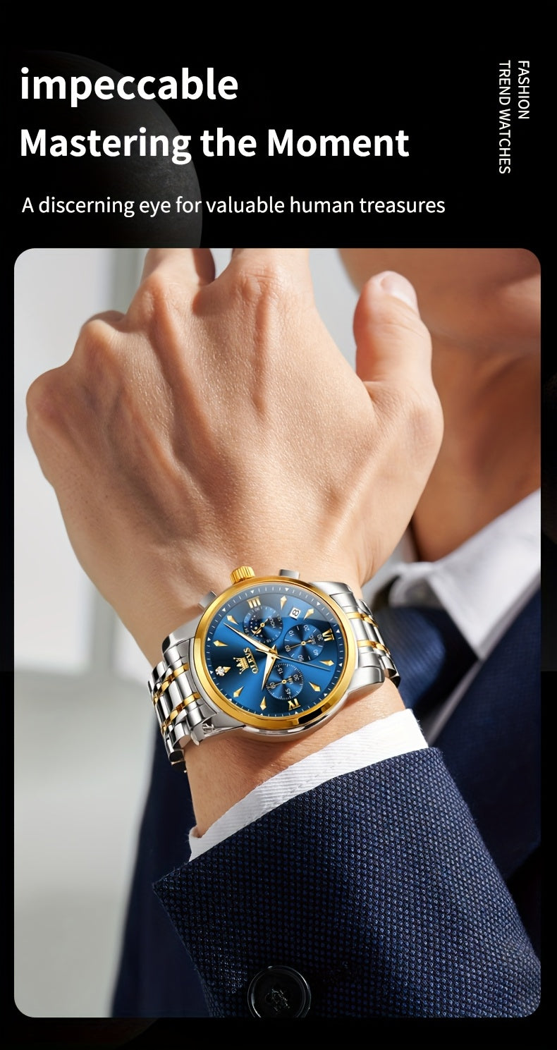 Men’s Luxury Two‑Tone Chronograph Watch – Moon Phase, Date, Luminous Hands, Stainless Steel Business Dress Quartz Wristwatch