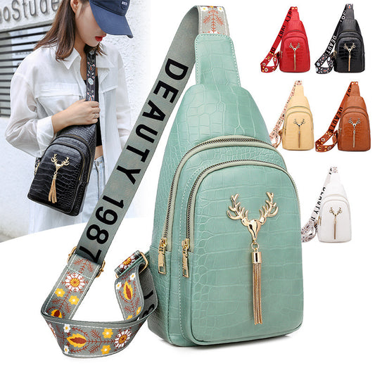 Women's Trendy Sling Chest Bag – Deer Charm & Tassel Zipper | Wide Strap Crossbody with Fashion Letter Embroidery