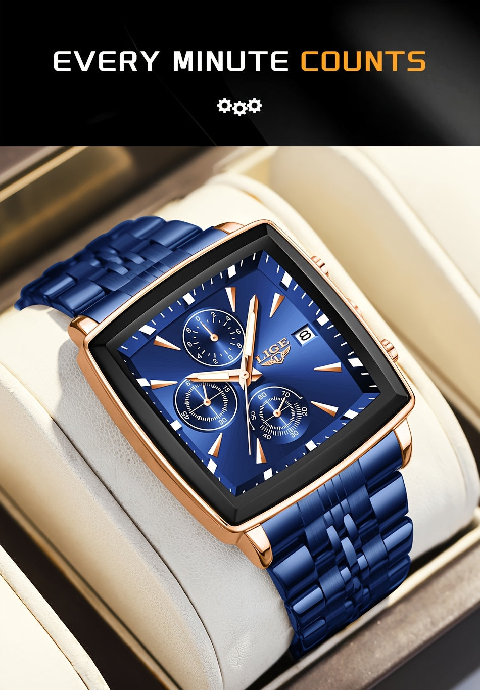 Men's 2025 Fashion Square Watch – Calendar Display, Sports & Casual Style, Stainless Steel | Available in Blue, Black & Gold