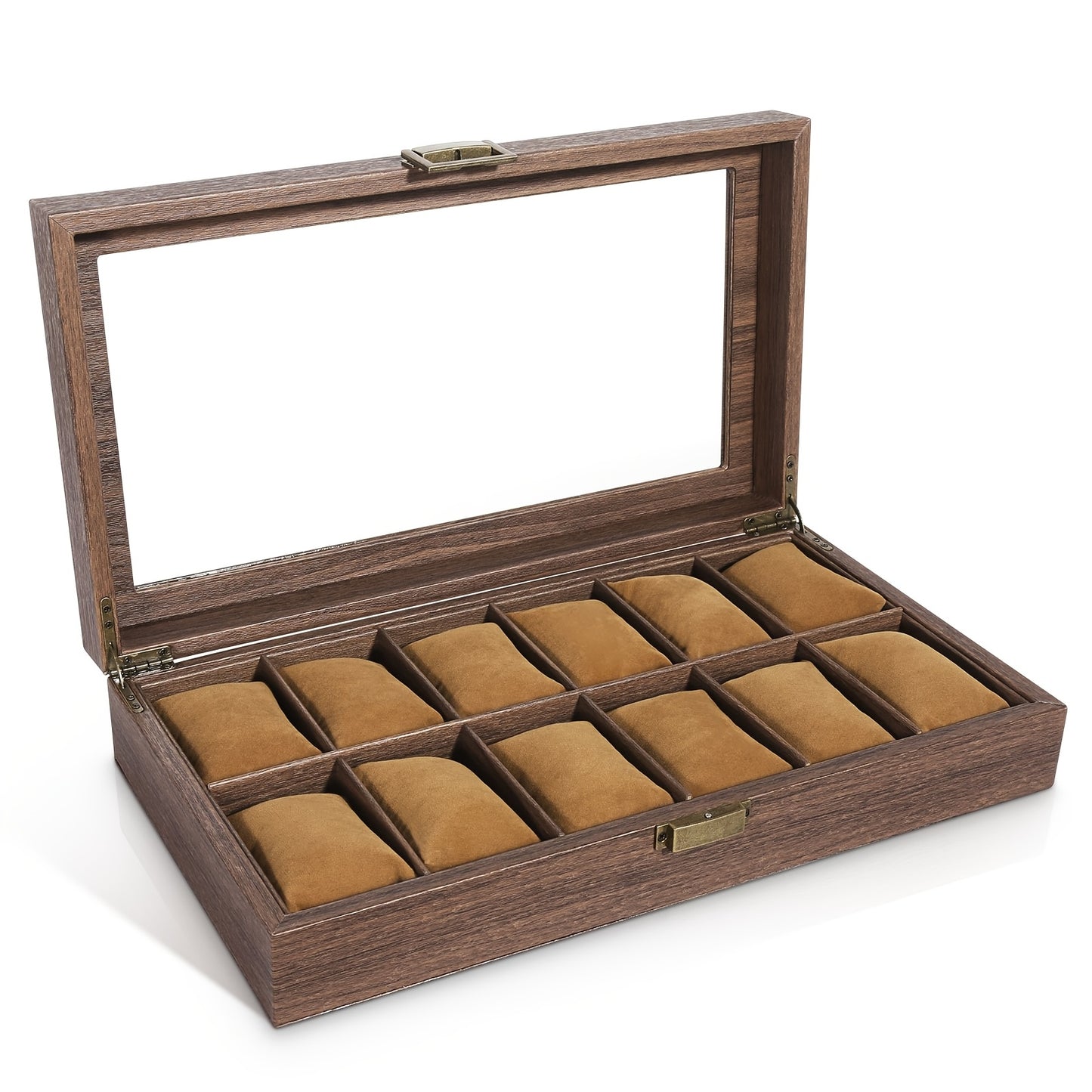 Watch Box 12 Slots, Watch Case Organizer With Real Glass Lid, Wood Grain PU Leather Watch Display Storage Box With Removable Imitation Suede Watch Pillows, Metal Clasp, Decorative Jewelry Boxes