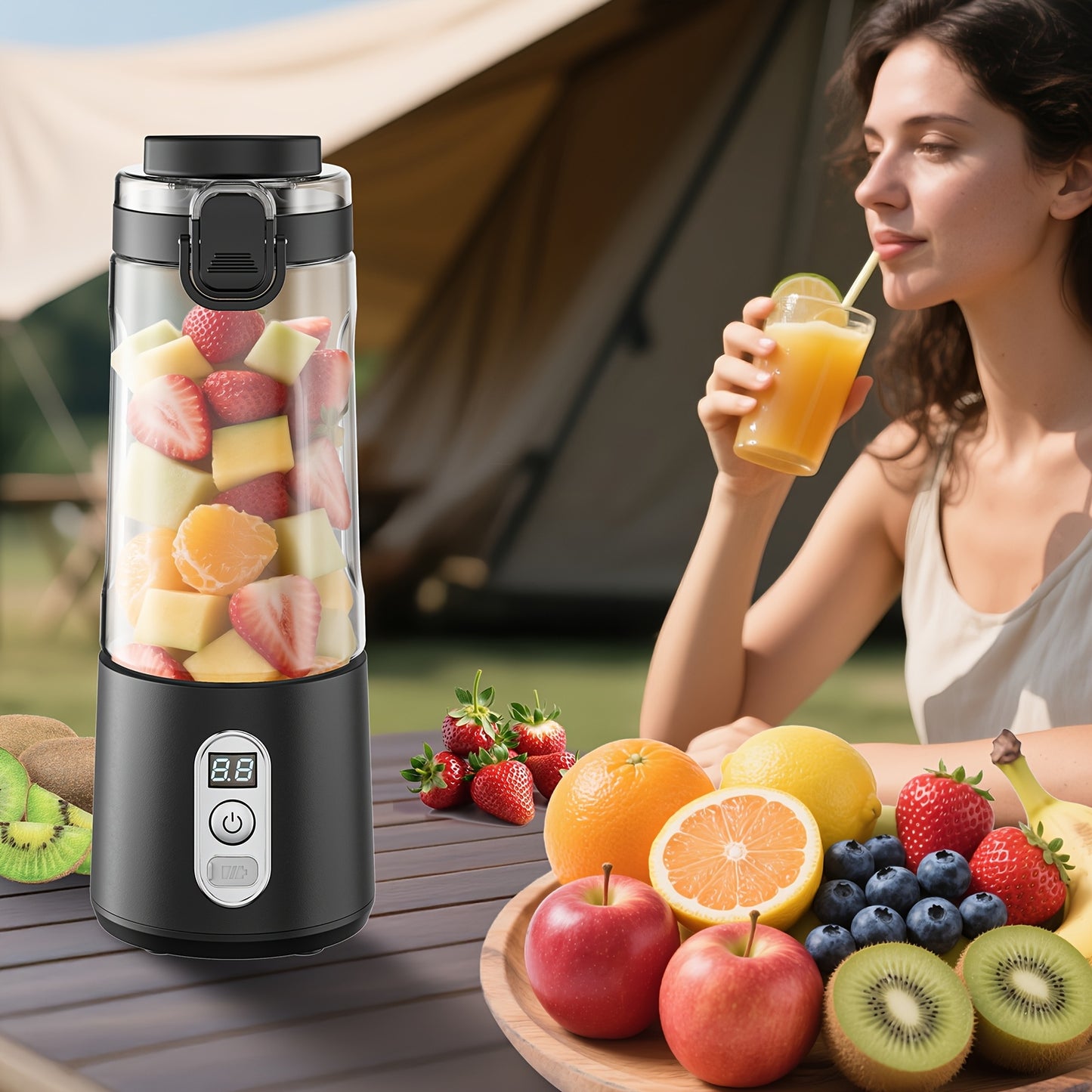 Portable Smart Smoothie Blender – 6-Blade Stainless Steel, Digital Timer & Battery Display | USB-C Fast Charge Personal Juicer