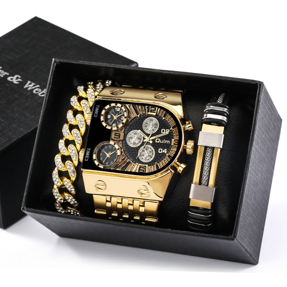Men’s Multi-Time Zone Luminous Watch Set – Large Dial Stainless Steel Business Style (Gift Box)