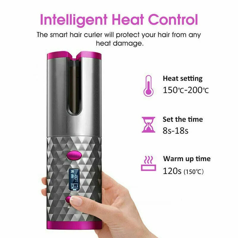 Cordless Auto-Rotating Hair Curler with LCD Display – Wireless Ceramic Curling Iron | Portable Rechargeable Waver for Effortless Curls & Waves Anywhere