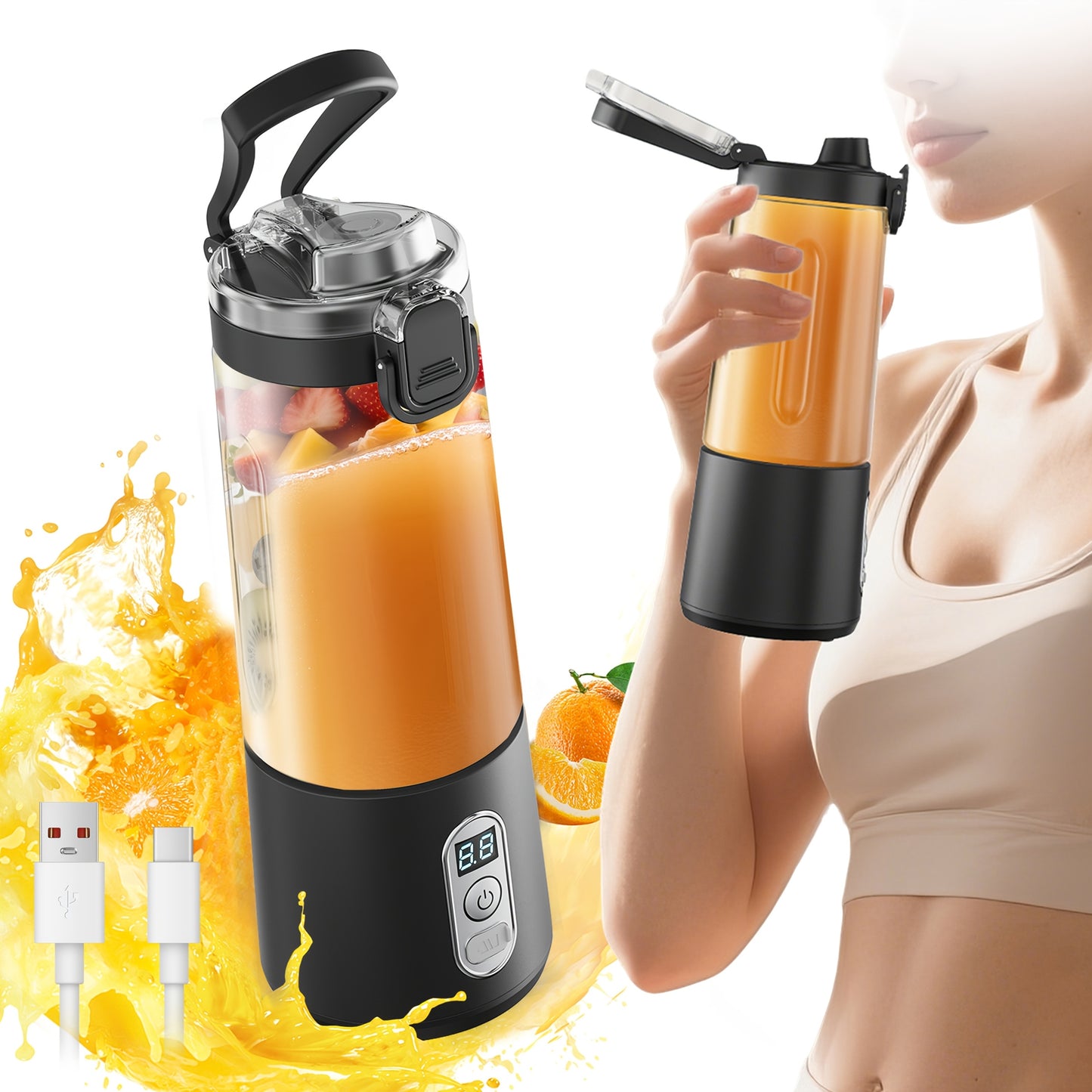 Portable Smart Smoothie Blender – 6-Blade Stainless Steel, Digital Timer & Battery Display | USB-C Fast Charge Personal Juicer