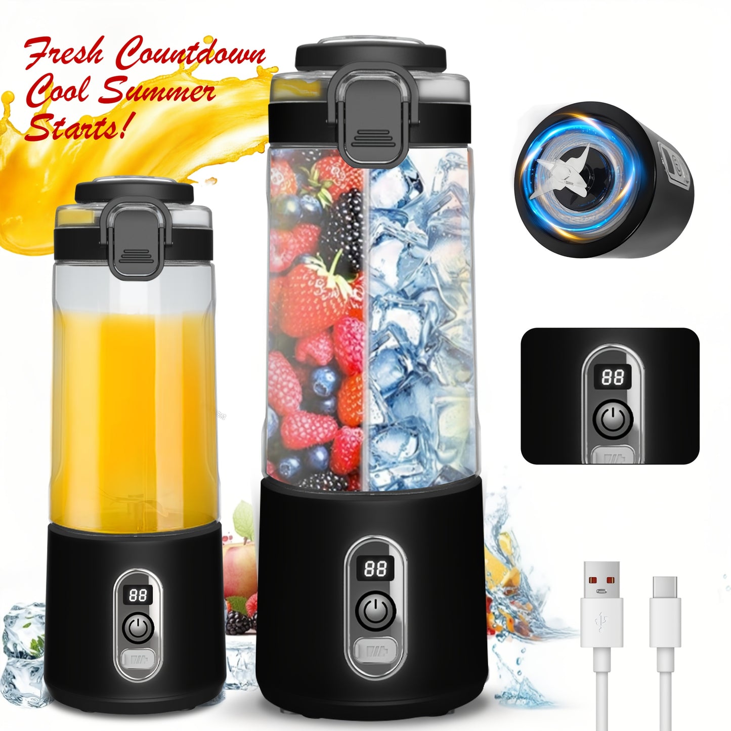 Portable Smart Smoothie Blender – 6-Blade Stainless Steel, Digital Timer & Battery Display | USB-C Fast Charge Personal Juicer
