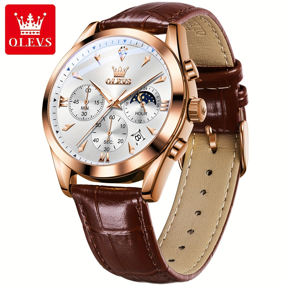 Men's Luxury Luminous Quartz Watch with Date & Day Display, Stainless Steel Case & PU Leather Strap, Rose Golden Accents - Business Casual Wristwatch for Formal & Casual Attire