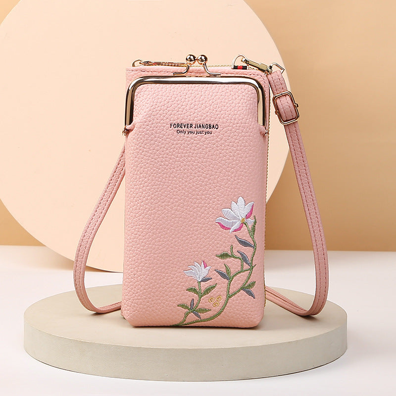 Women's Embroidered Floral Phone Bag & Wallet – PU Leather Crossbody Purse with Secure Lock Buckle | Compact Outdoor Shoulder Holder
