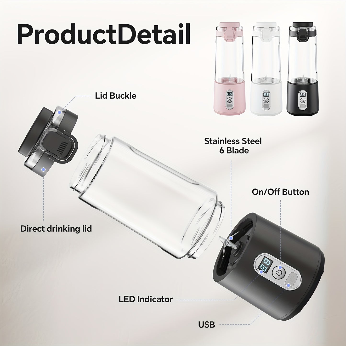 Portable Smart Smoothie Blender – 6-Blade Stainless Steel, Digital Timer & Battery Display | USB-C Fast Charge Personal Juicer