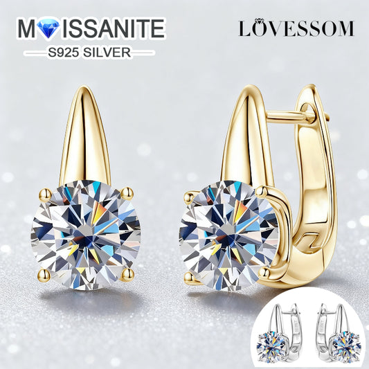 2 Carat Moissanite Stud Earrings – Genuine 925 Silver & 14K Gold Plated, Four-Prong Setting | Luxury Gift Box Included