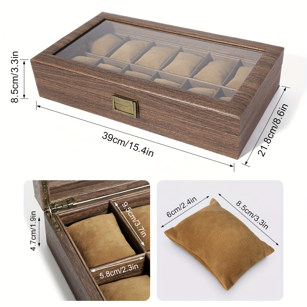 Watch Box 12 Slots, Watch Case Organizer With Real Glass Lid, Wood Grain PU Leather Watch Display Storage Box With Removable Imitation Suede Watch Pillows, Metal Clasp, Decorative Jewelry Boxes