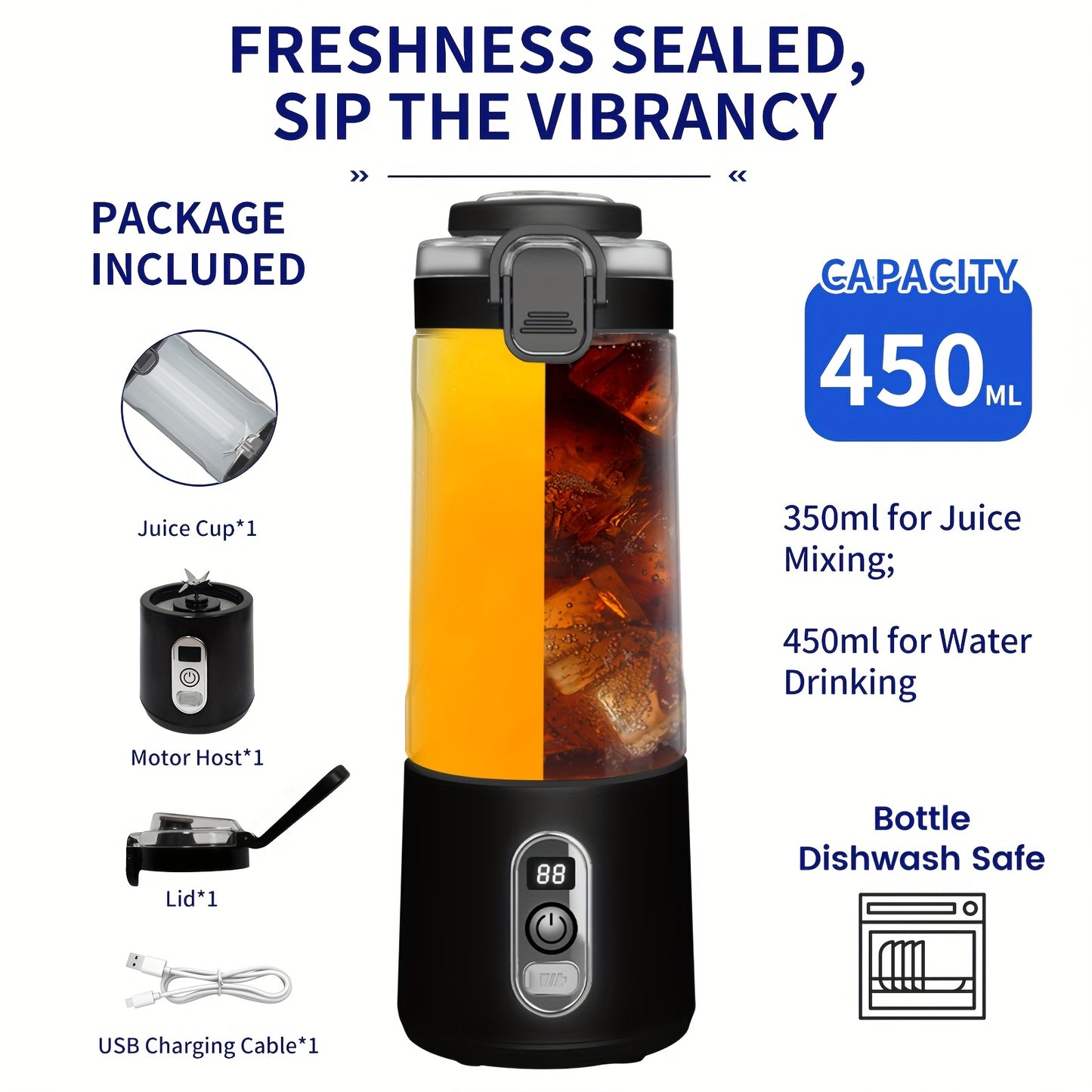 Portable Smart Smoothie Blender – 6-Blade Stainless Steel, Digital Timer & Battery Display | USB-C Fast Charge Personal Juicer