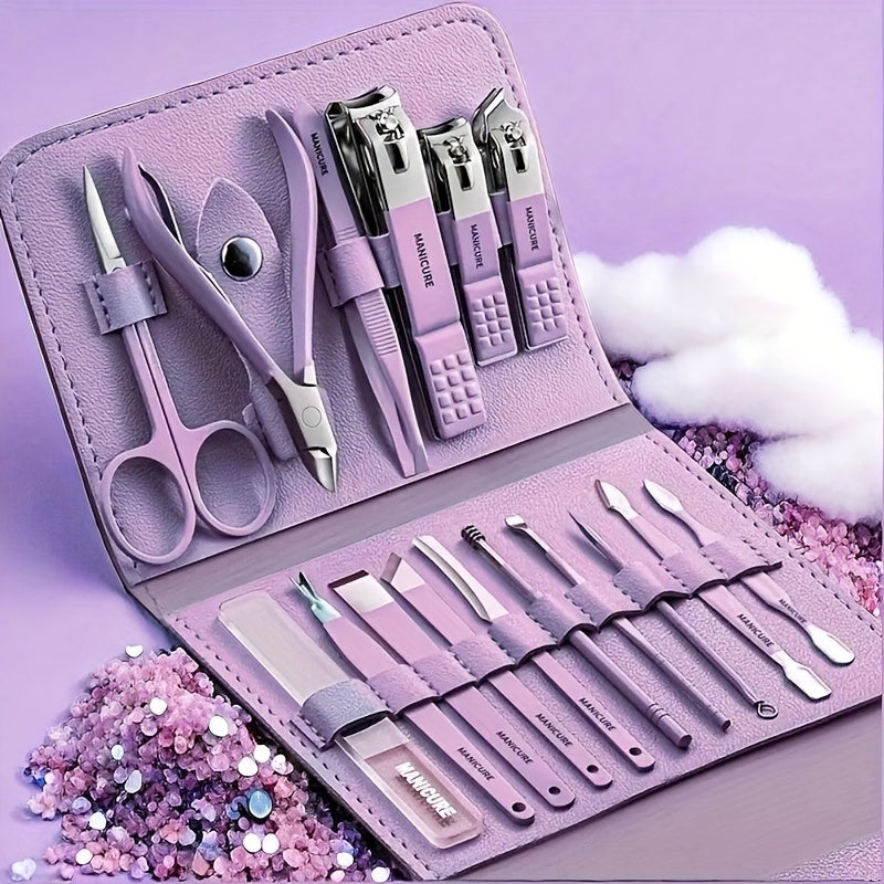 16-Piece Premium Stainless Steel Manicure & Pedicure Kit – Straight Blade Clippers, Nail File, Ear Picks, Scissors | Professional Travel Beauty Set
