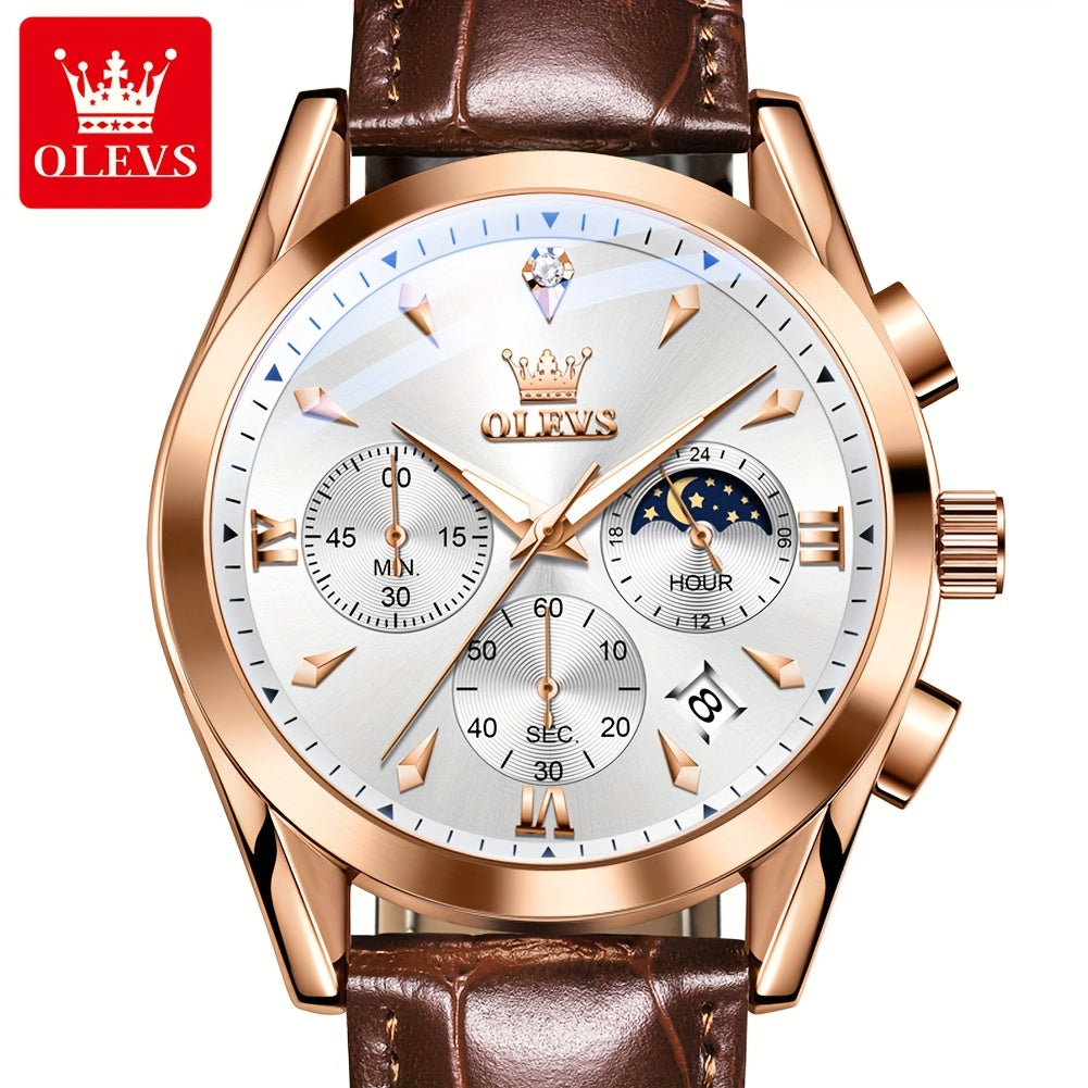 Men's Luxury Luminous Quartz Watch with Date & Day Display, Stainless Steel Case & PU Leather Strap, Rose Golden Accents - Business Casual Wristwatch for Formal & Casual Attire