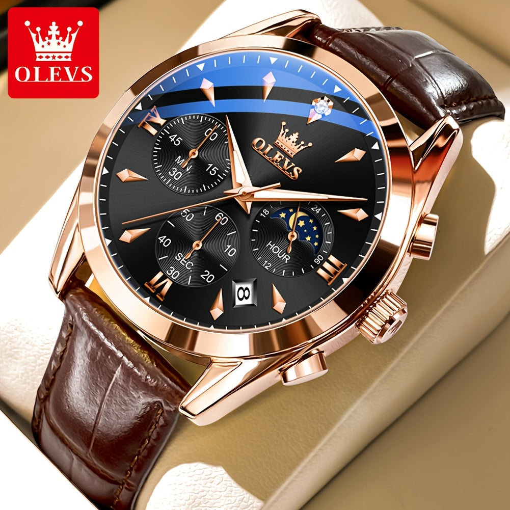 Men's Luxury Luminous Quartz Watch with Date & Day Display, Stainless Steel Case & PU Leather Strap, Rose Golden Accents - Business Casual Wristwatch for Formal & Casual Attire